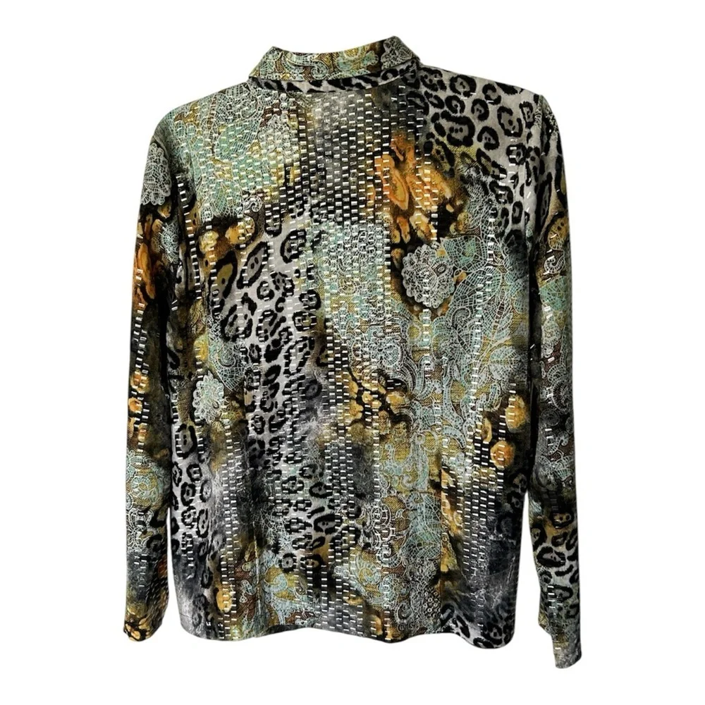 Exclusively Misook Jacket Stretch Sequins Animal Print Zip Artsy Excellent L